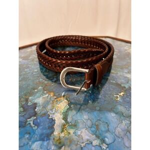 Mens Genuine Brown Leather Woven Belt Silver Buckle Size 38